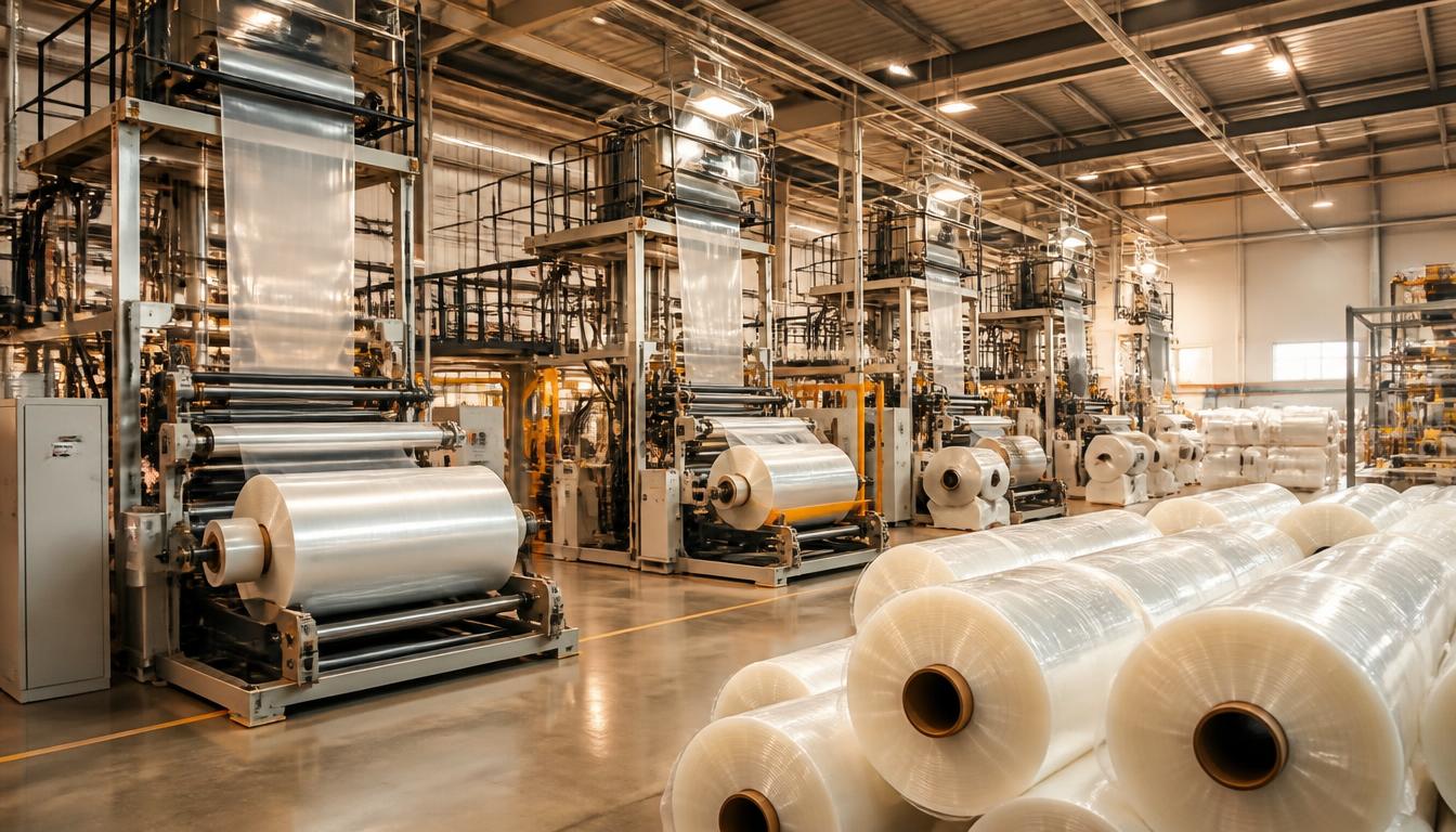 Blown film extrusion machines producing LD and HM plastic film rolls at the Perfect Microplast plant in Vapi, Gujarat